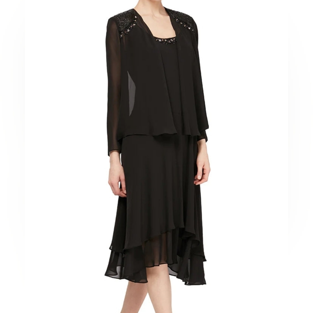 NWT SL Fashions 2-Piece Black Beaded Chiffon Dress with Jacket 14 Petite